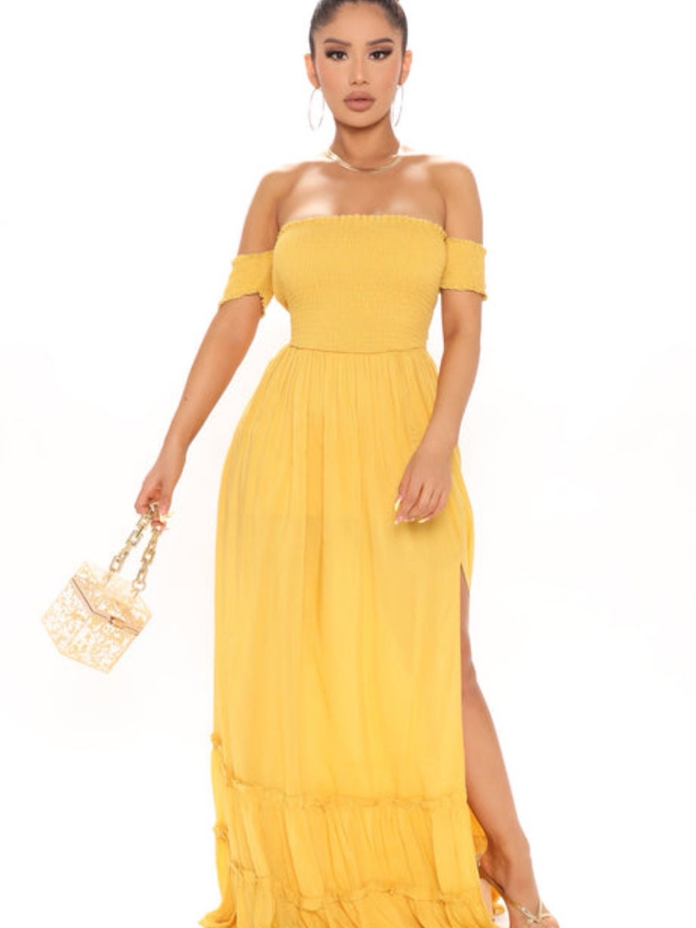 Fashion Nova Sunlit Yellow Off-Shoulder Maxi Dress